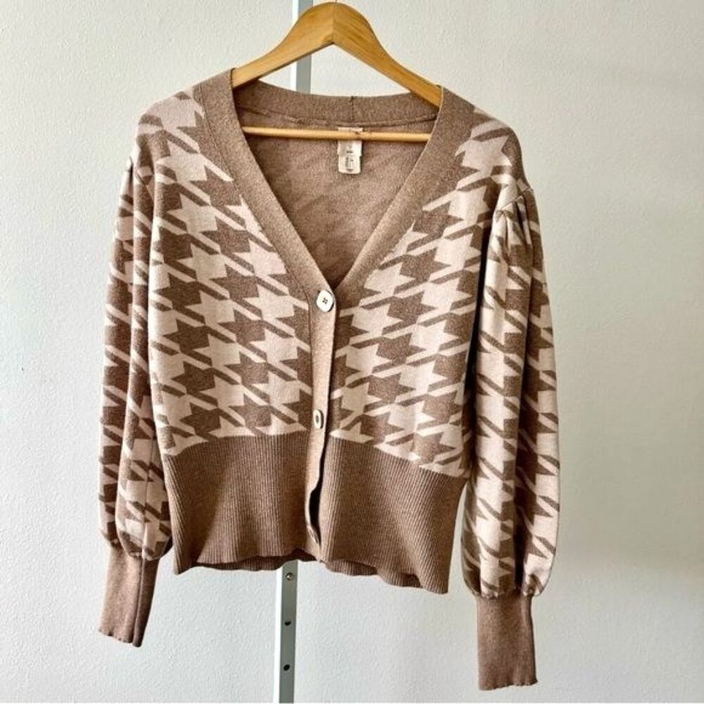 Joie Cardigan Large Tan V Neck Houndstooth Puff Sleeve Old Money Preppy Academia